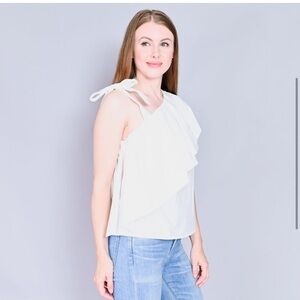AMANDA UPRICHARD White Ivory Poplin Ruffle Asymmetrical Top Blouse NWT S
